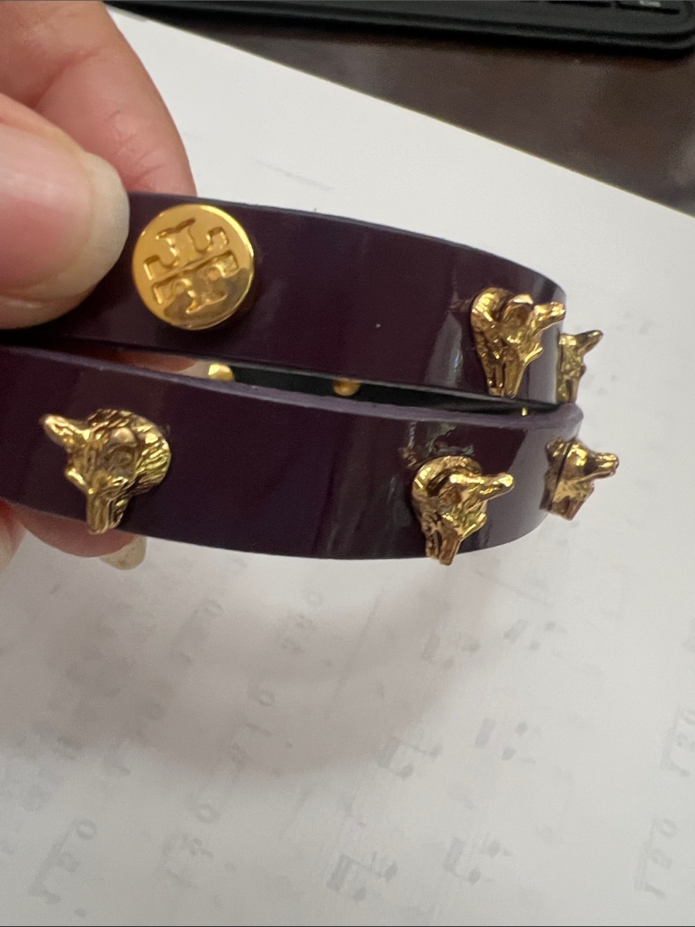 Tory Burch Leather Plum Patent Double-Wrap Bracelet with Gold Fox Studs